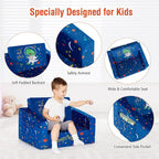 Costzon Kids Couch, 2 in 1 Flip Open Children's Sofa w/Velvet Fabric, Storage Pockets, Toddler Armrest Chair Bed for Nap Play Sleep, Ideal Gift for 0-4 Years Old Baby Boys Girls, Blue Space