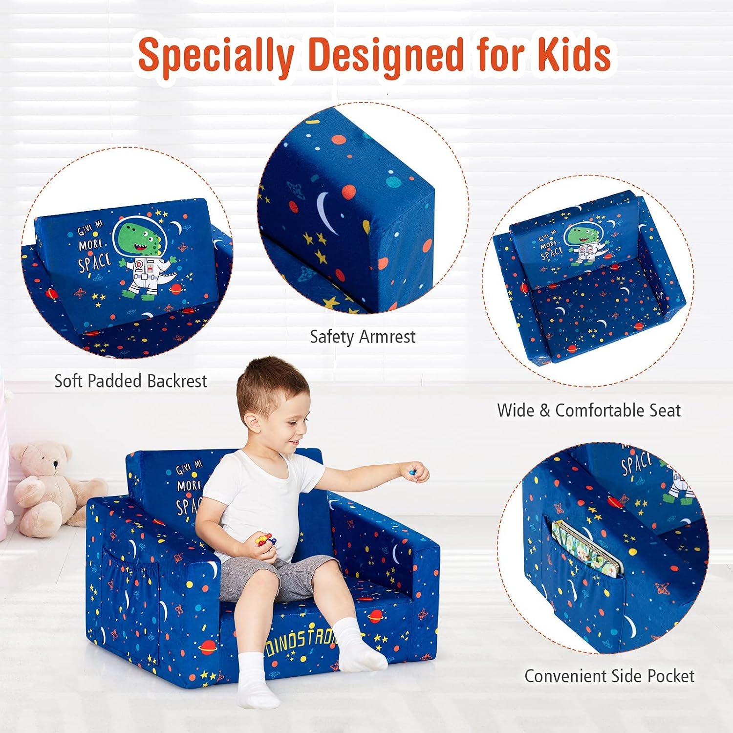 Costzon Kids Couch, 2 in 1 Flip Open Children's Sofa w/Velvet Fabric, Storage Pockets, Toddler Armrest Chair Bed for Nap Play Sleep, Ideal Gift for 0-4 Years Old Baby Boys Girls, Blue Space