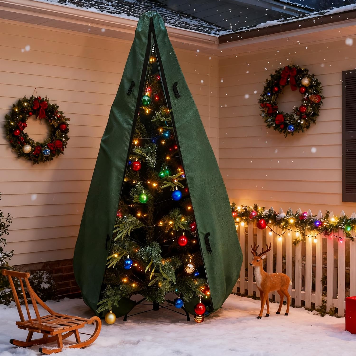 Upright Christmas Tree Storage Bag 7.5Ft,Christmas Tree Covers for Upright Storage for 7 Ft /7.5 Ft Artificial Christmas Trees with Ornaments,Equipped with Patented Support Rod Technology-Green