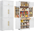 Merax 78.2" Tall Kitchen Pantry Storage Cabinet, Farmhouse Freestanding Large Cupboard with Hidden Drawer, Cabinet, 4 Adjustable Shelves, 8 Door-Shelf & 7 Wine Rack for Dining Room, White