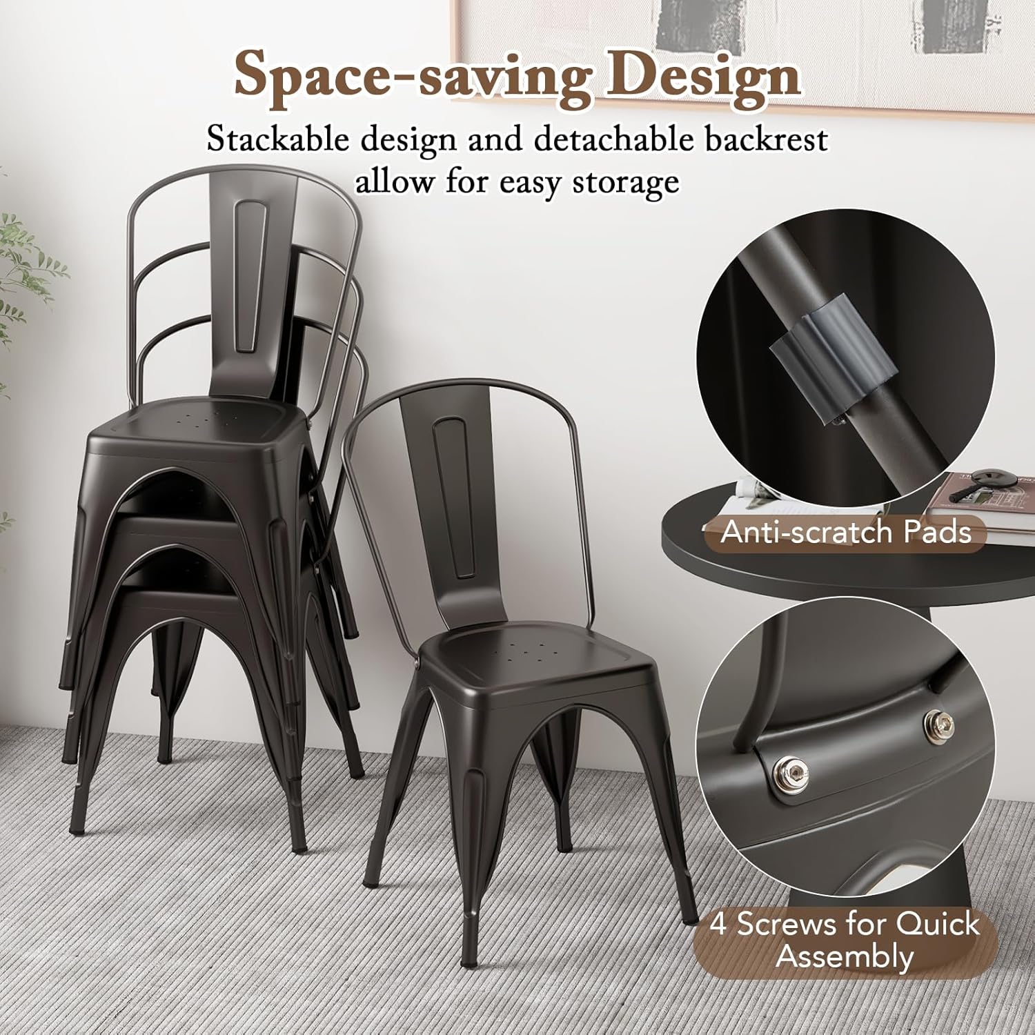 Giantex Metal Dining Chairs Set of 4, Farmhouse Kitchen Chairs with Removable Backrest, Space-Saving Stackable Bistro Cafe Side Chairs for Dining Room, Living Room, Restaurant (Bronze)