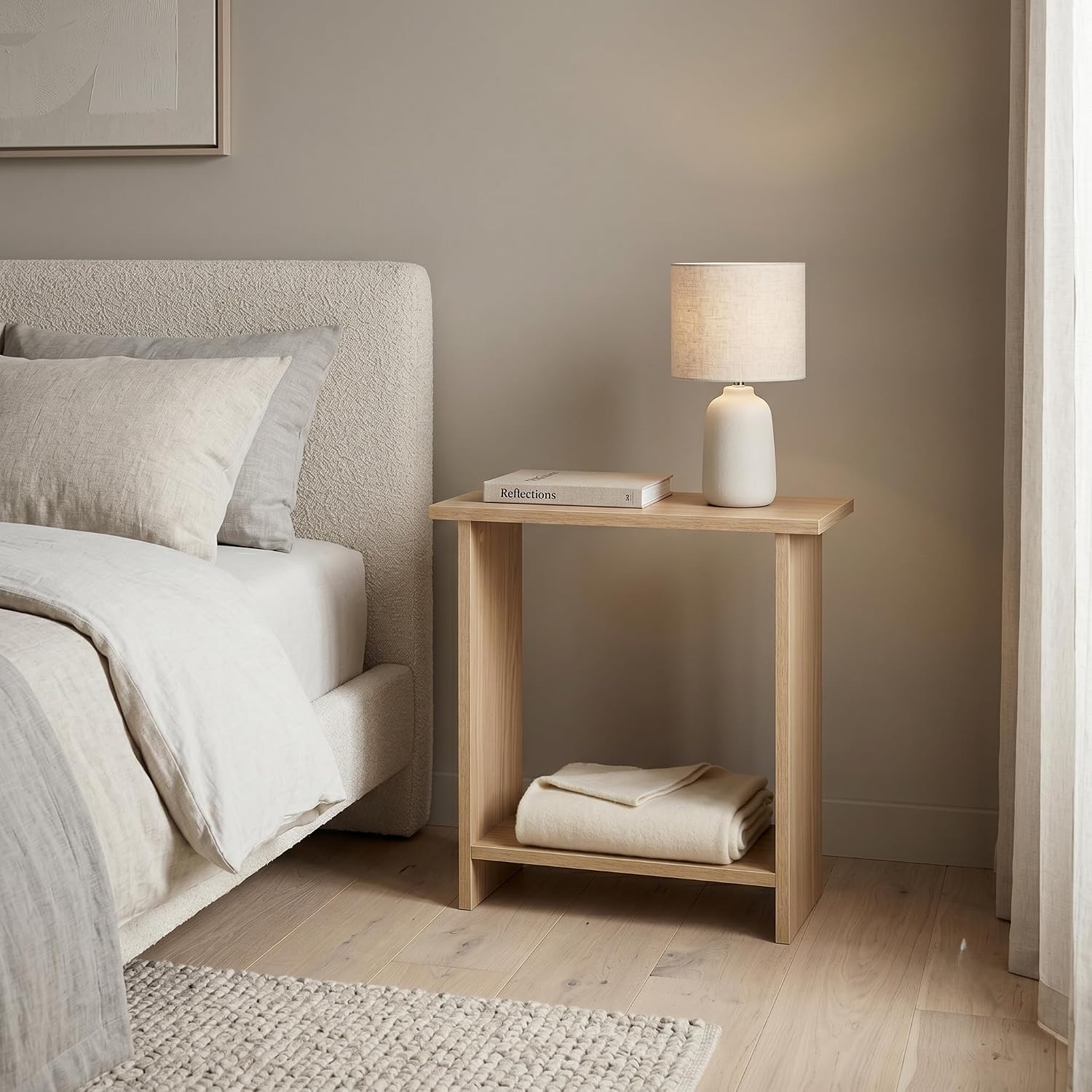 Narrow Side Table for Living Room, Slim End Table for Small Spaces Between Couch, Recliner or Armchair, 2 Tier Skinny Table with Open Shelf, Engineered Wood Sofa Beverage Thin Stand (Natural)