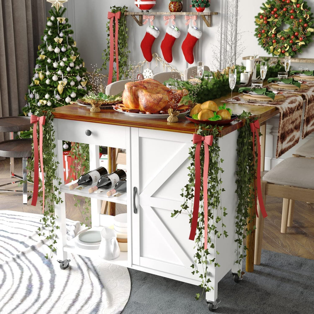 4 EVER WINNER Rolling Kitchen Island with Storage, Farmhouse Kitchen Cart with Drawer and Door, Wine Rack and Adjustable Shelf, Microwave Cart for Kitchen, Dining Room, White