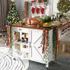 4 EVER WINNER Rolling Kitchen Island with Storage, Farmhouse Kitchen Cart with Drawer and Door, Wine Rack and Adjustable Shelf, Microwave Cart for Kitchen, Dining Room, White