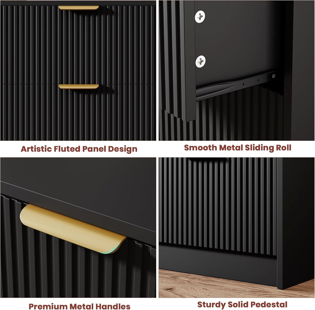 Garvee 3 Drawer Dresser for Bedroom - 30" Tall Nightstand Vertical Modern Fluted Chest of Drawers with Golden Metal Handles, Multi-Function Home Organizer for Living Room, Entryway, Hallway, Black