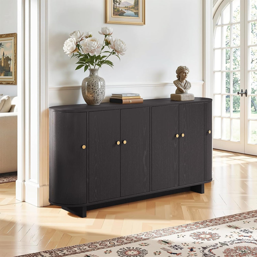 ONBRILL 63 Inch Sideboard Buffet Cabinet, Modern Oval Cabinets with Doors, Large Buffet Cabinets with Storage, Console Credenza w/Adjustable Shelves for Living Room, Kitchen, Entryway, Black