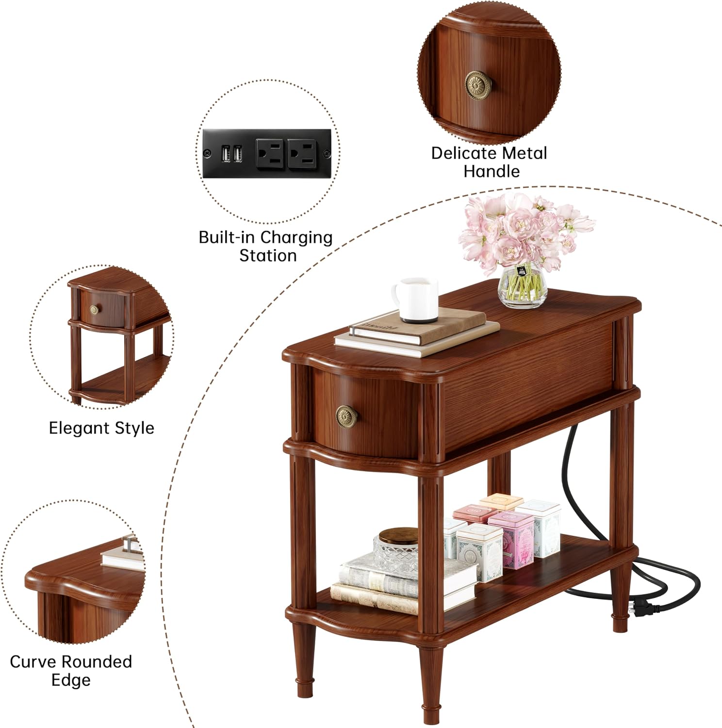 Nightstand with Charging Station & Drawer, Pre-Assembled Vintage Side Table with Shelf, Rustic Wood Finish Narrow End Table with Turned Legs for Bedroom Living Room, Caramel Walnut Brown, 1Pc