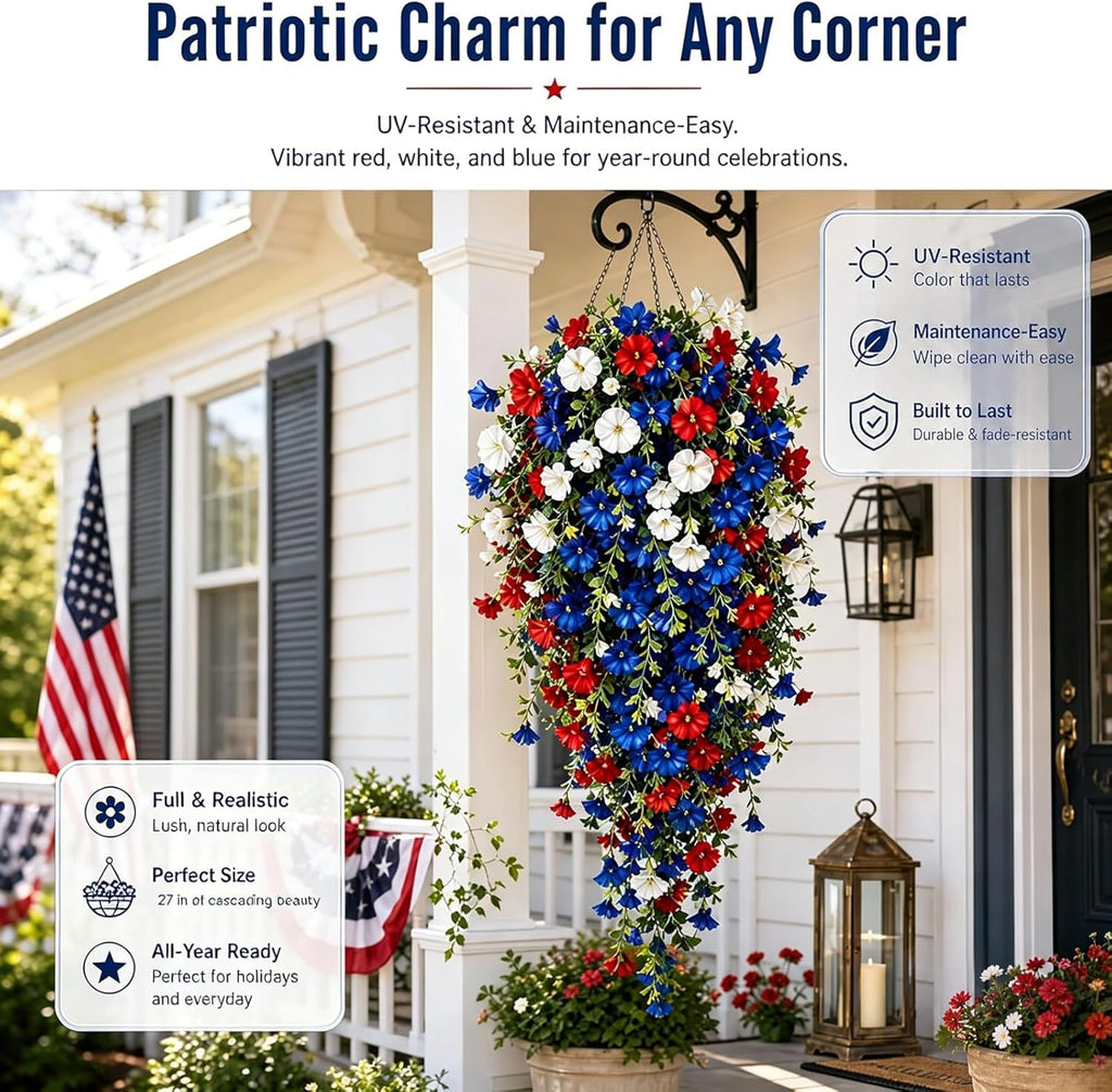 4th of July Decoration Tricolor Patriotic Artificial Flower, UV Resistant Red White Blue Artificial Morning Glory Vines, Patriotic Artificial Plants for Independence Day, Outdoor Decor (2 Pcs)