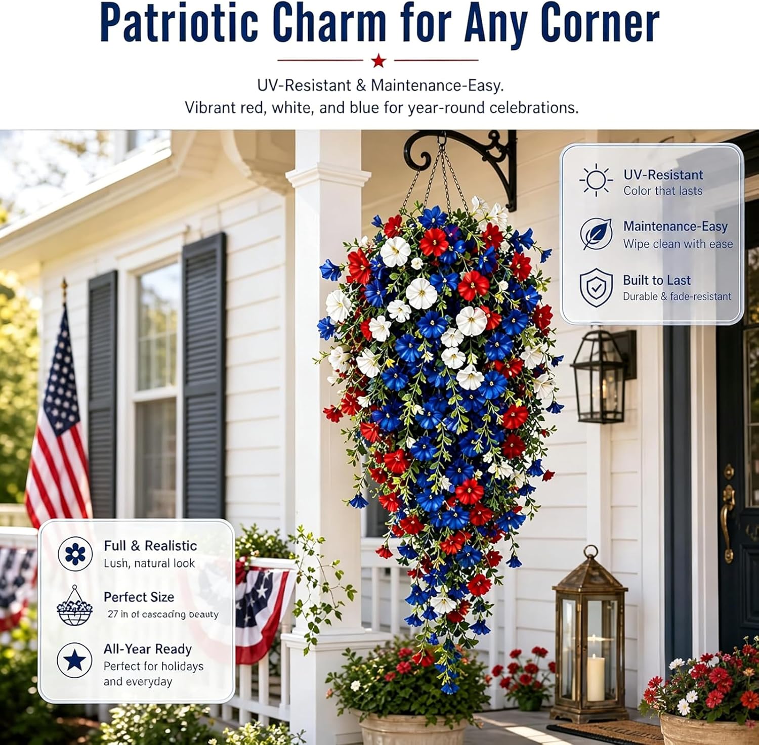 4th of July Decoration Tricolor Patriotic Artificial Flower, UV Resistant Red White Blue Artificial Morning Glory Vines, Patriotic Artificial Plants for Independence Day, Outdoor Decor (2 Pcs)