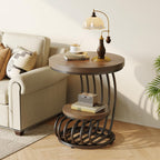 LITTLE TREE Round Side Table, Wood End Table with 2-Tier Storage Shelf, Accent Coffee Table, Creative Curved Metal Frame End Table for Small Spaces, Living Room, Bedroom, Light Brown + Black