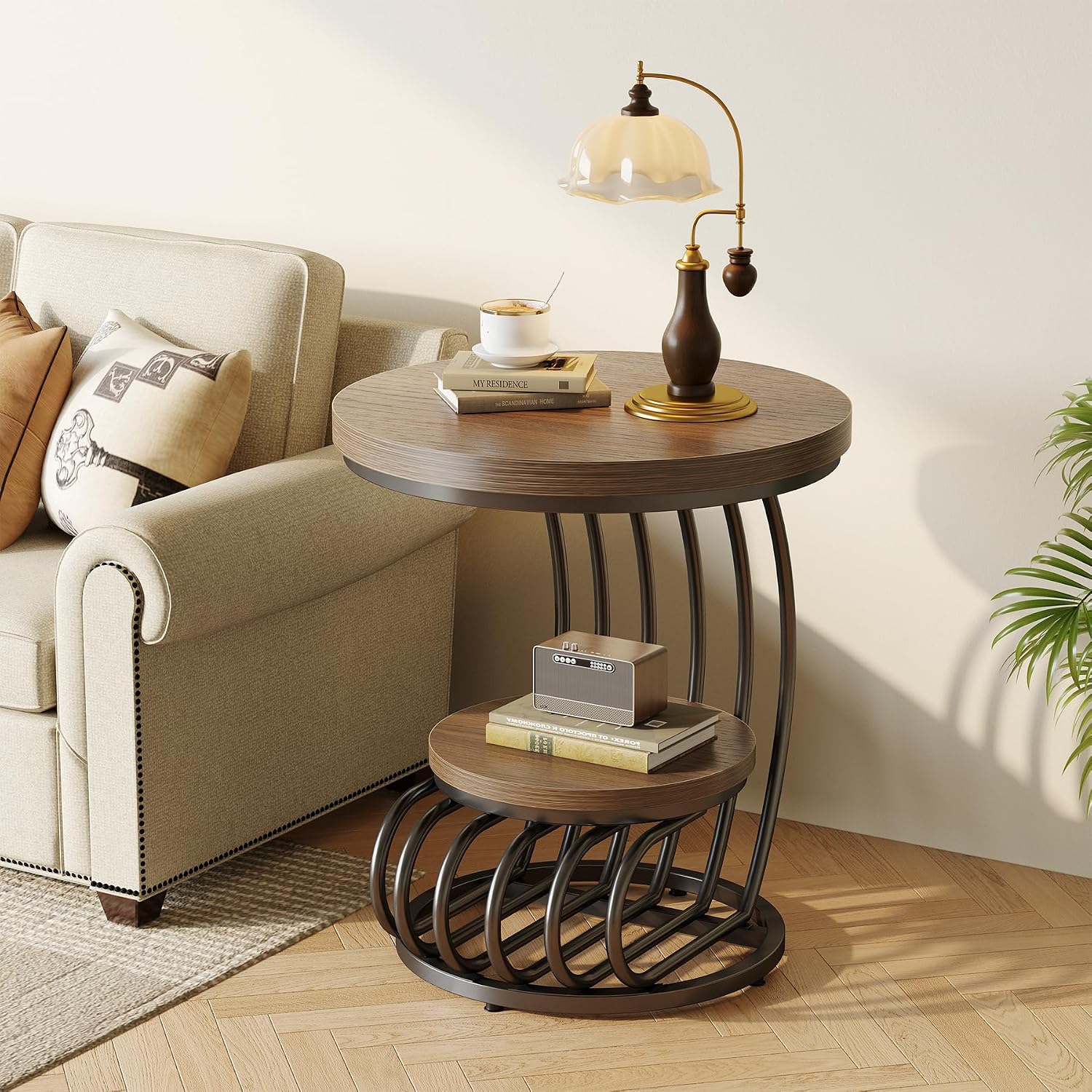 LITTLE TREE Round Side Table, Wood End Table with 2-Tier Storage Shelf, Accent Coffee Table, Creative Curved Metal Frame End Table for Small Spaces, Living Room, Bedroom, Light Brown + Black