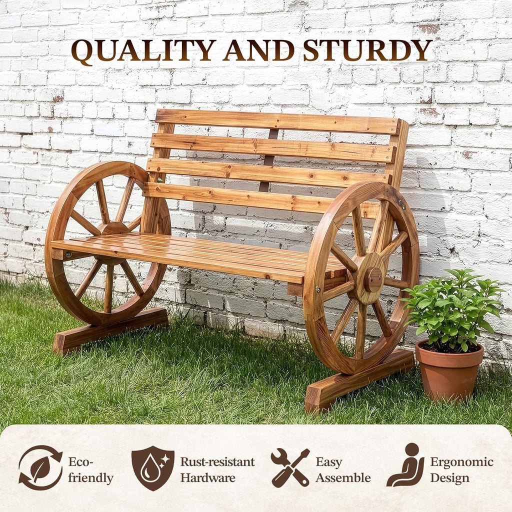 Outvita 41'' Outdoor Wooden Bench, 2-Person Rustic Wagon Wheel Bench with Slatted Seat and Carbonized Fir Wood Construction, Weather-Resistant Garden Bench for Patio, Porch and Backyard（Light Brown）