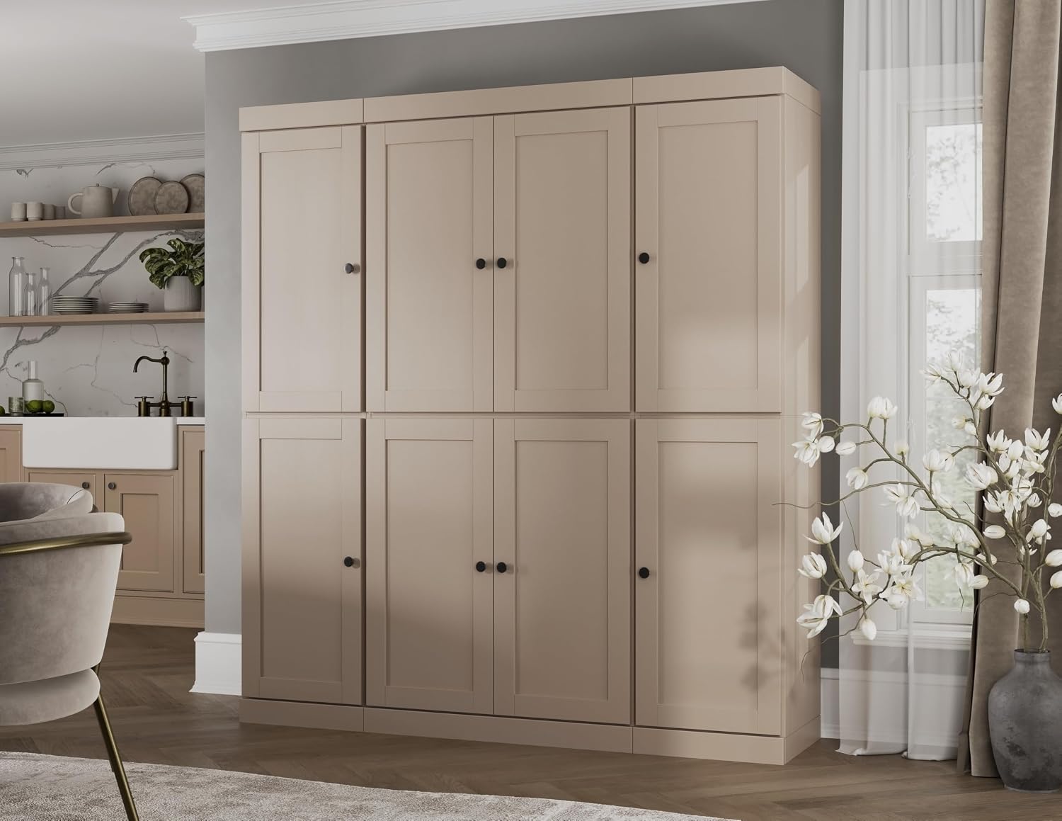Palace Imports Solid Wood Pantry Cabinet – 71.5" Tall x 65" Wide - Wooden Storage Cabinet w/ 8 Shaker Doors, 2 Drawers, 12 Adjustable Shelves - Kitchen Cupboard - Beige, 100% Eco-Friendly Pine Wood