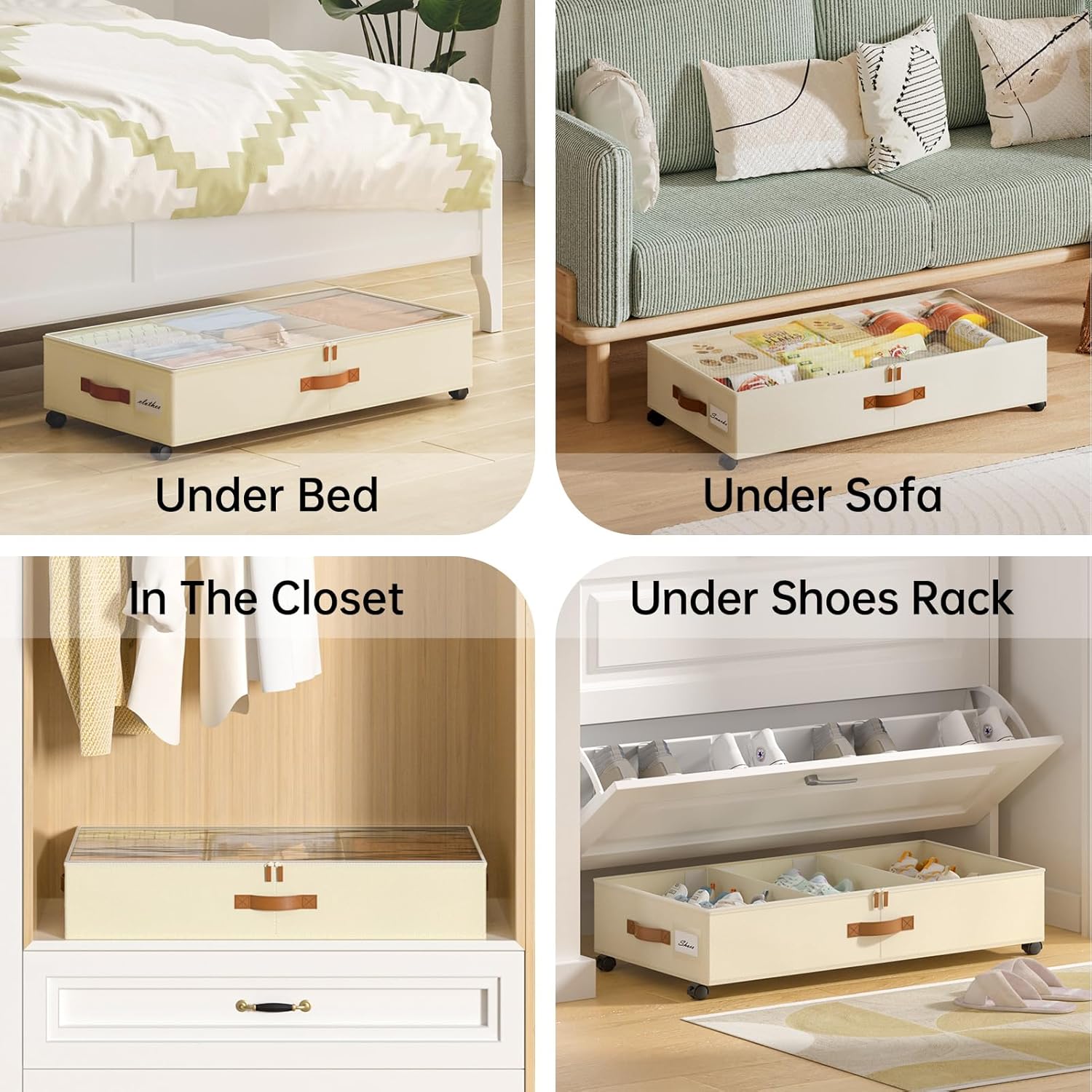 Yecaye Under Bed Storage with Wheels, 4 Pack Under Bed Storage Containers with Adjustable Dividers & Clear Window, Rolling Underbed Organizer Bins Drawers for Clothes, Shoes, Blankets, Beige