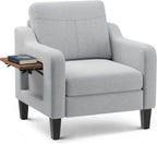 Accent Chair for Living Room Modern Linen Upholstered Armchair Side Wooden Fabric Sofa Chair with Foldable Table 2 Side Pockets Comfy Reading Chair for Bedroom
