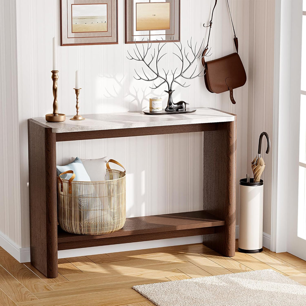 SUNBURY Modern Console Table with Faux Marble Top, 43 Inches Entryway Console Table with Open Shelf, Sofa Table Behind Couch for Hallwa, Living Room, Entrance