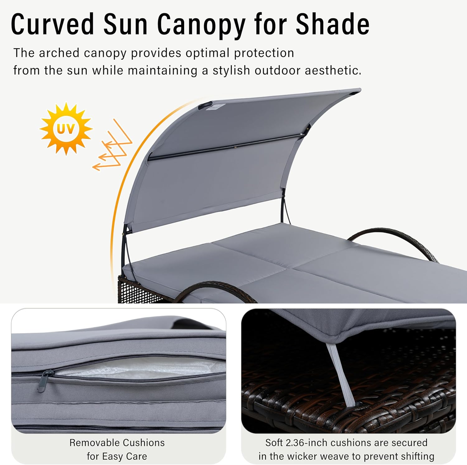 Outdoor Sun Lounger with Adjustable Backrest,Canopy, Patio Double Sunbed with Hidden Side Table and Arched Armrests,Suitable for Pool Deck,Garden,Backyard (Gray+Canopy)