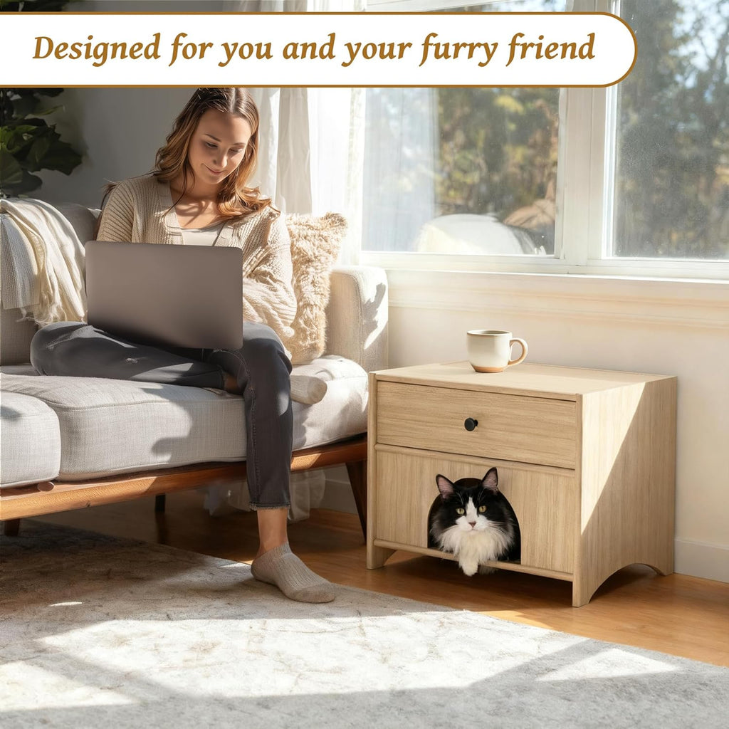 2-in-1 Nightstand with Drawer Wooden Cat Bed End Table, Modern Cat Bedside Table Hideaway Small Side Table for Living Room Bedroom