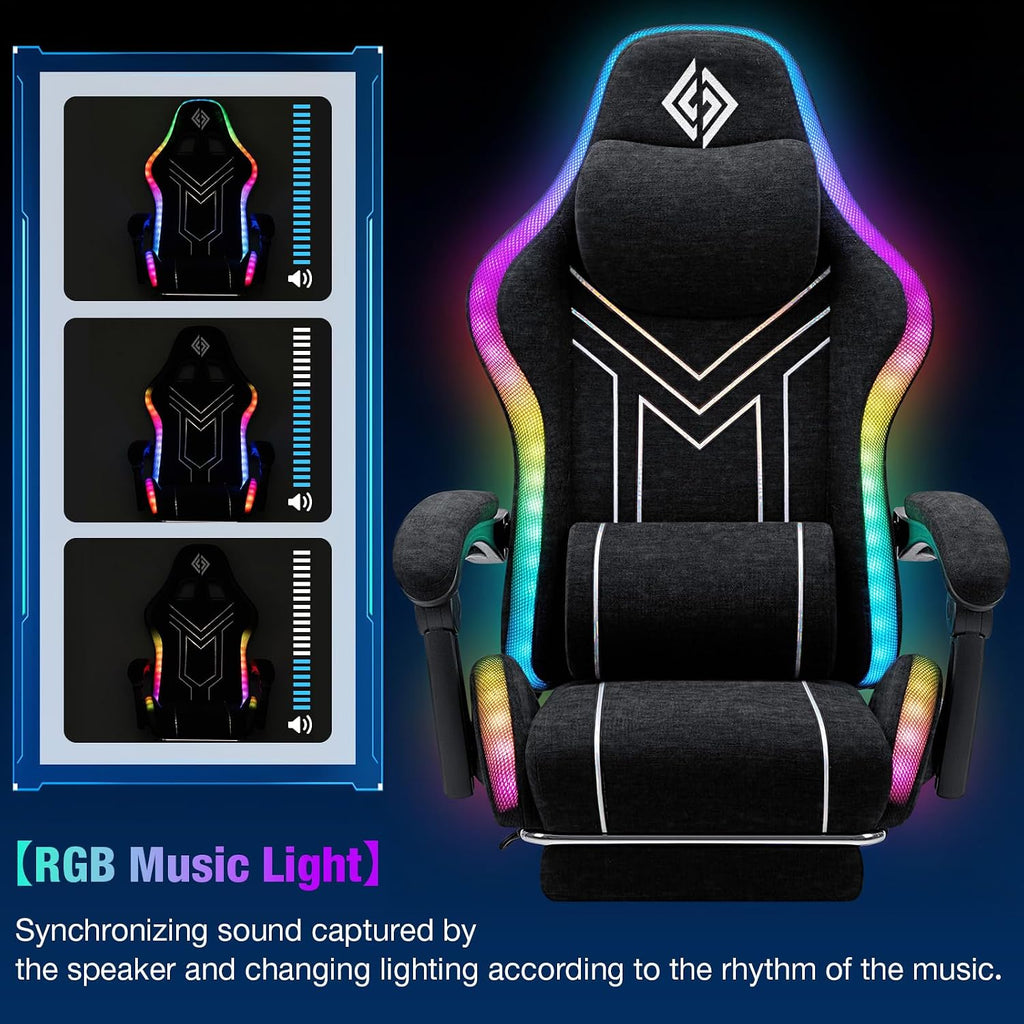 HOFFREE RGB Gaming Chair with Music Rhythm LED Lights and Bluetooth Speakers Fabric Ergonomic Game Chair 155° Reclining Computer Chair with Footrest Video Game Chairs for Adults Gaming & Office Black