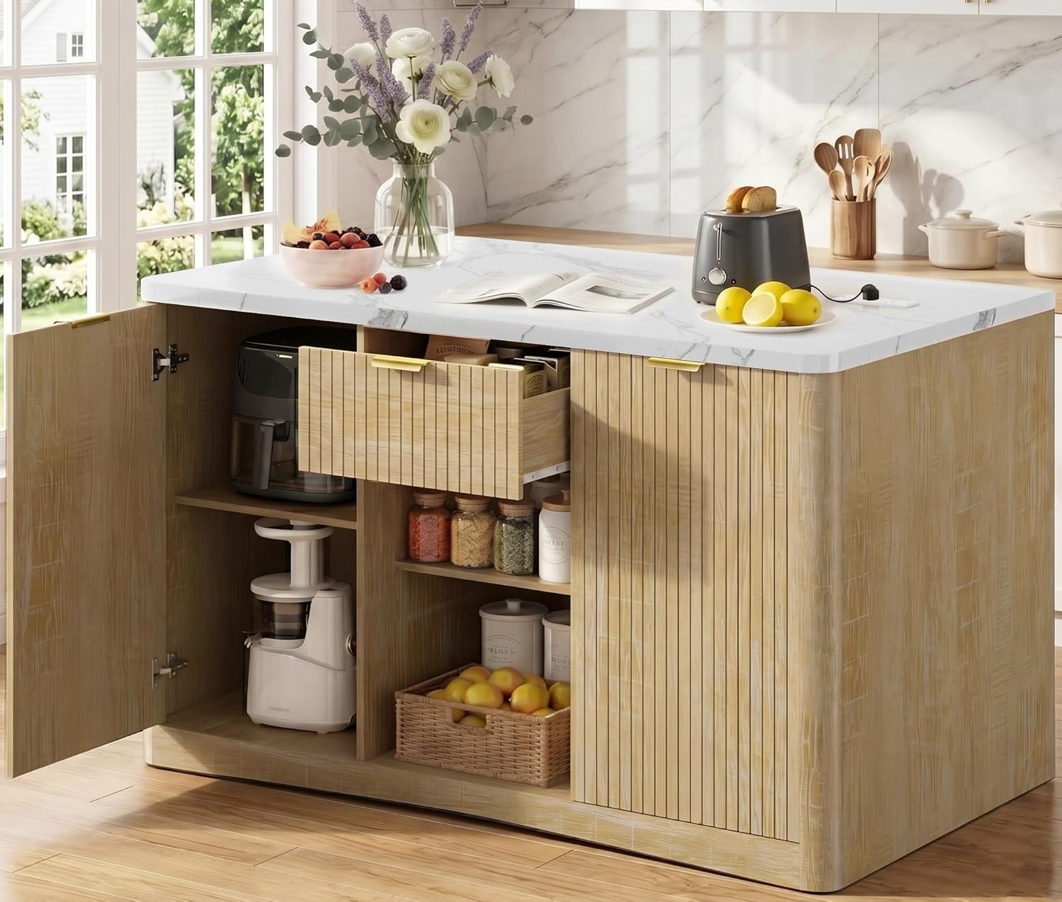 Kitchen Island Cart with Storage, 47.2"x31.5" Kitchen Island Marble Top Adjustable Shelf Rolling Storage Cart with Drawer Coffee Bar Cabinet with Power Outlet - Natural Wood