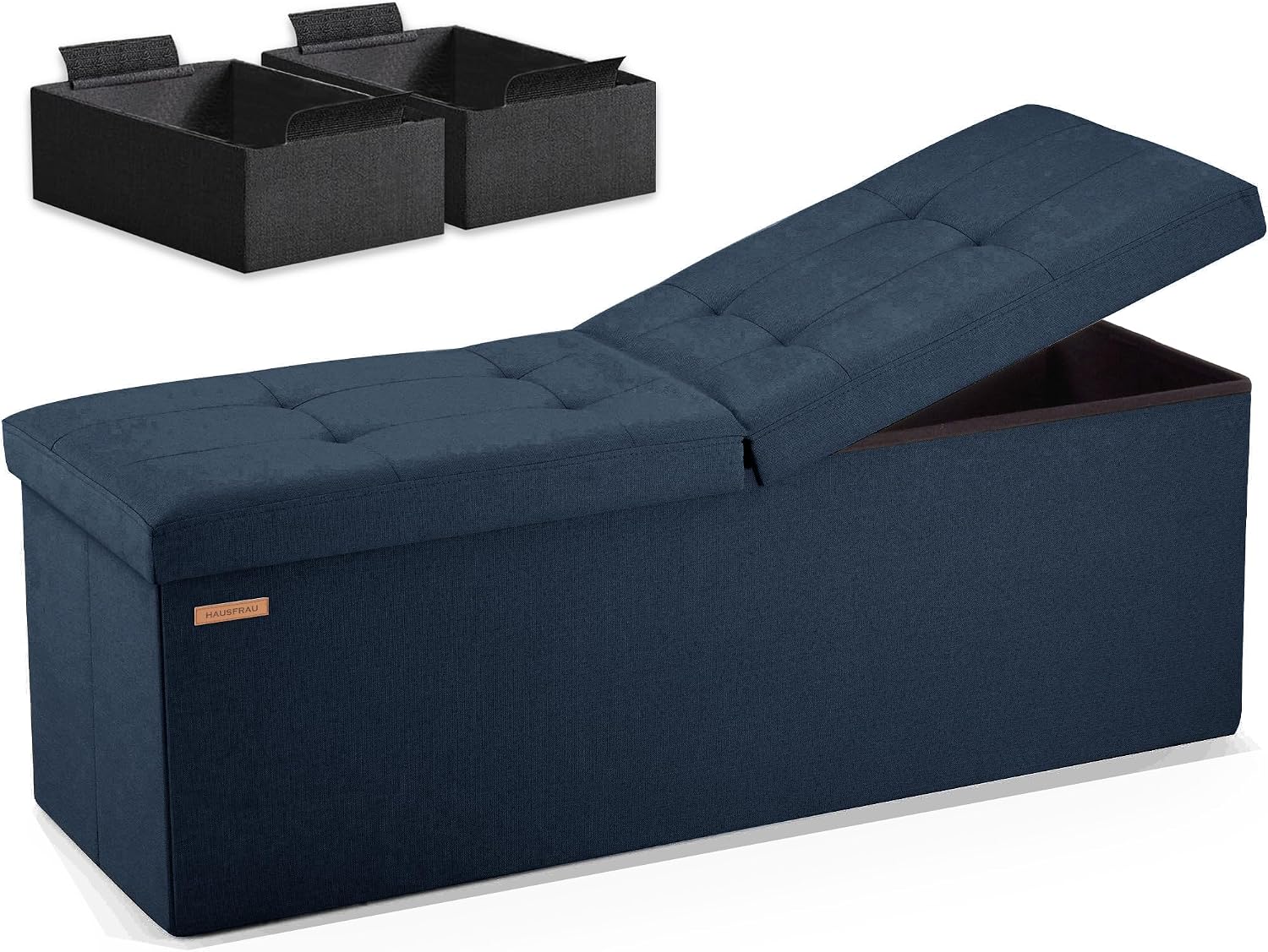 HAUSFRAU Storage Ottoman Bench with Flipping Lid, 43.3 Inches Storage Chest Footsrest, Folding Foot Stool for Entryway, Living Room, Bedroom, Linen Navy Blue