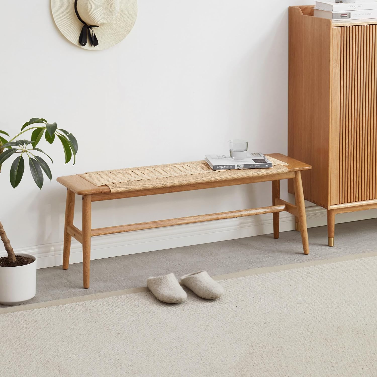 47.24" Natural Oak Wood Dining Bench with Woven Cane Seat Solid Wood Entryway Bench for Dining Room Bedroom Living Room, Natural