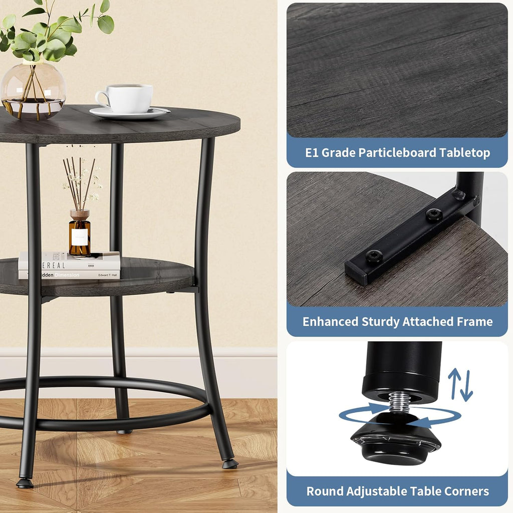 OLIXIS 21.85-Inch Round End Table, 2-Tier Side Round Table for Living Room, Accent Table with Storage Shelf, Sturdy Metal Frame Nightstand for Small Space, Round Bedside, Grey Wood Grain