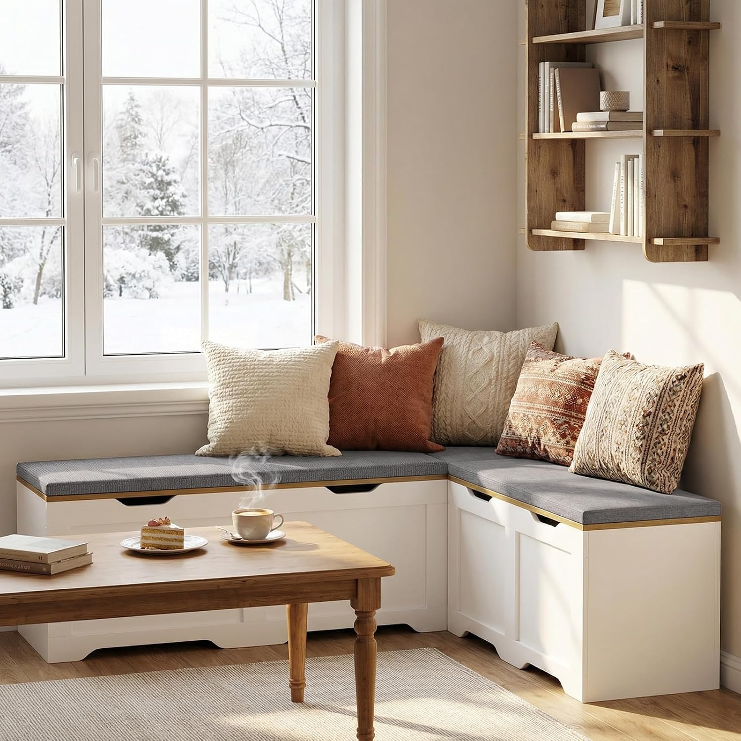 Zevemomo 63" L Shaped Storage Bench with Cushion, Kitchen Breakfast Nook Benches, Corner Storage Bench for Living Room, Kitchen, Entryway, White and Grey