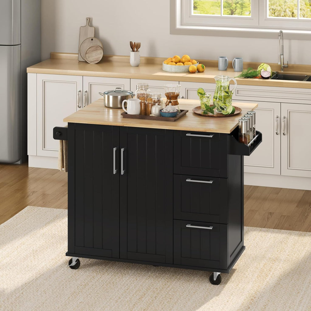 Yaheetech Kitchen Island Cart with Drop Leaf, Kitchen Breakfast Bar on 5 Universal Wheels with Storage Cabinet, Rubberwood Top, 3 Drawers, Spice Rack for Dining Room, 49W x 29.5D x 36H, Black