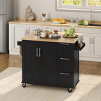 Yaheetech Kitchen Island Cart with Drop Leaf, Kitchen Breakfast Bar on 5 Universal Wheels with Storage Cabinet, Rubberwood Top, 3 Drawers, Spice Rack for Dining Room, 49W x 29.5D x 36H, Black