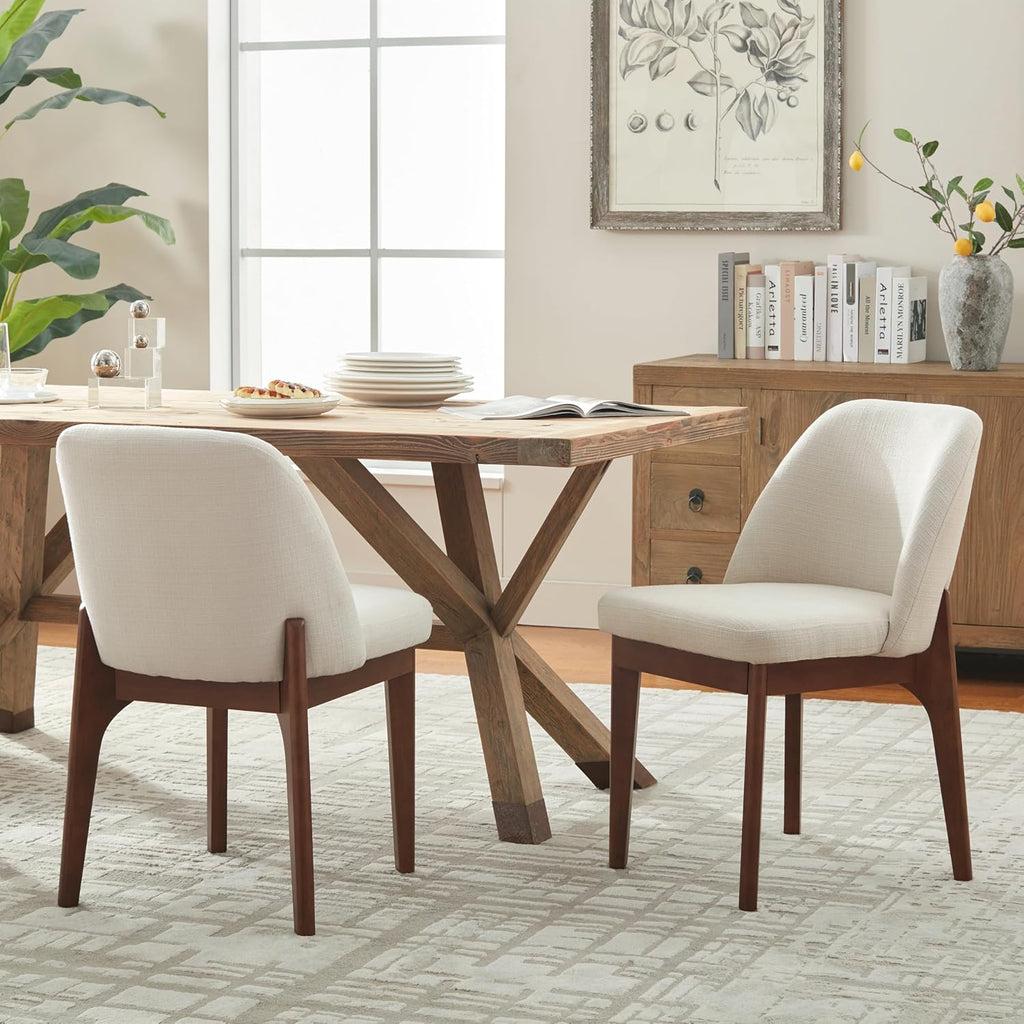 VKNOW Wooden Dining Chairs Set of 2, Upholstered Dining Room Chairs with Rubberwood Legs and Padded Seats, Kitchen Chairs for Restaurant Kitchen Living Room, Beige
