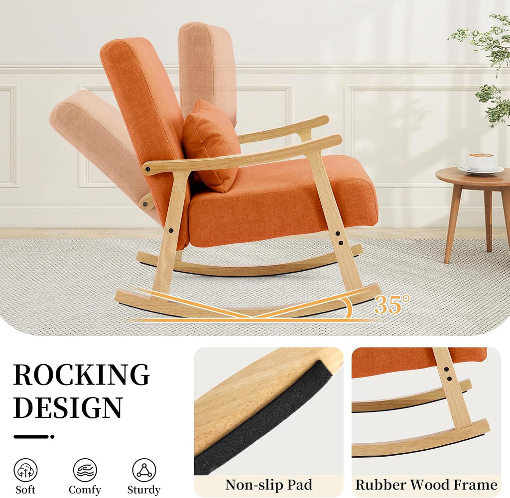 SAETSFEG Rocking Chair for Nursery with Lumbar Pillow, Upholstered Accent Chair with Solid Rubberwood Frame, Living Room & Bedroom, Cozy Reading Chair for Small Spaces, Orange