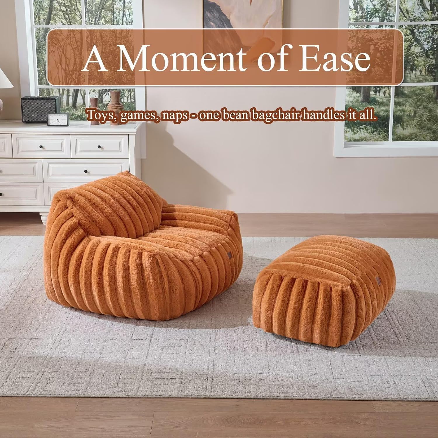 Giant Plush Bean Bag Chair for Adults with Armrests,Oversized Comfy Beanbag Lounge Lazy Floor Sofa Chair for Game Room,Living Room,Bedroom,Ultra Soft Mini Couch-Burnt Orange