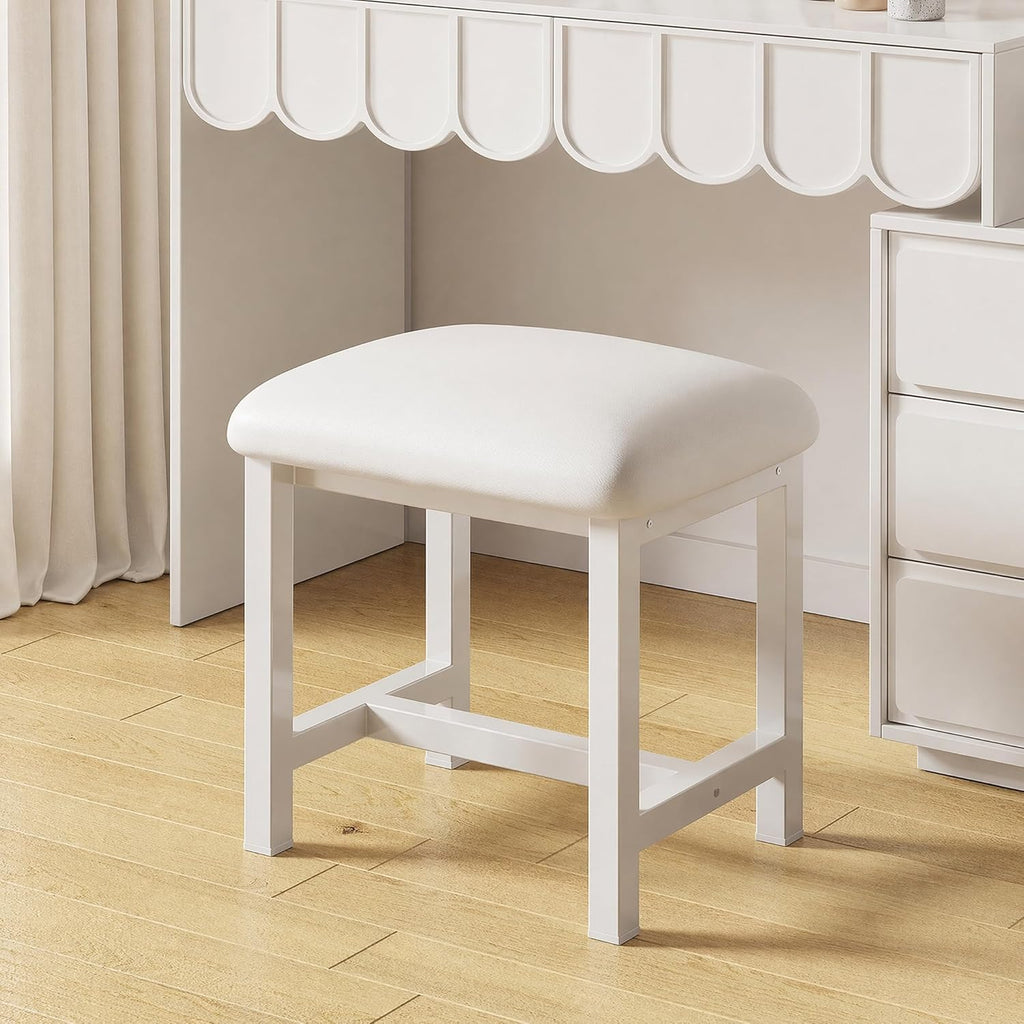 White Vanity Stool, Small Vanity Chair, Cute Makeup Bench Seat with Leather Cushioned, Desk Stools for Bedroom, Bathroom, Entryway, Living Room, Office