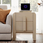 WAMPAT 23.7" Tall Beige Nightstand with Charging Station, Modern Mid Century End Table Wood Bedside Table w/2 Storage Drawers, Side Table Bedside Cabinet for Bedroom,Living Room