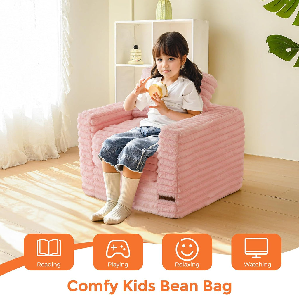 MAXYOYO Kids Bean Bag Chair, Comfy Upholstered Bean Bag Sofa with Filler | Faux Fur Floor Sofa with Pillows and Armrests, Lazy Floor Chair Couch for Boys and Girls, Pink