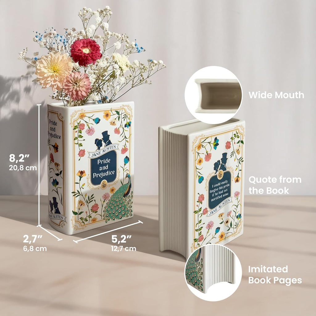 H&H Pride and Prejudice Book Vase for Flowers + Bookmark - Large Ceramic Book Planter Pot - Jane Austen Bookish Decor - Pride and Prejudice Gifts - Bookshelf Vase for Flowers - 2025 Edition