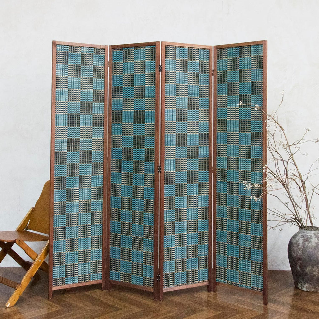 4 Panel Bamboo Room Divider, 5.6 ft Tall Double-Sided Folding Privacy Screen - Freestanding Partition Wall for Home Office, Modern Blue Checker Texture