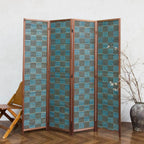 4 Panel Bamboo Room Divider, 5.6 ft Tall Double-Sided Folding Privacy Screen - Freestanding Partition Wall for Home Office, Modern Blue Checker Texture