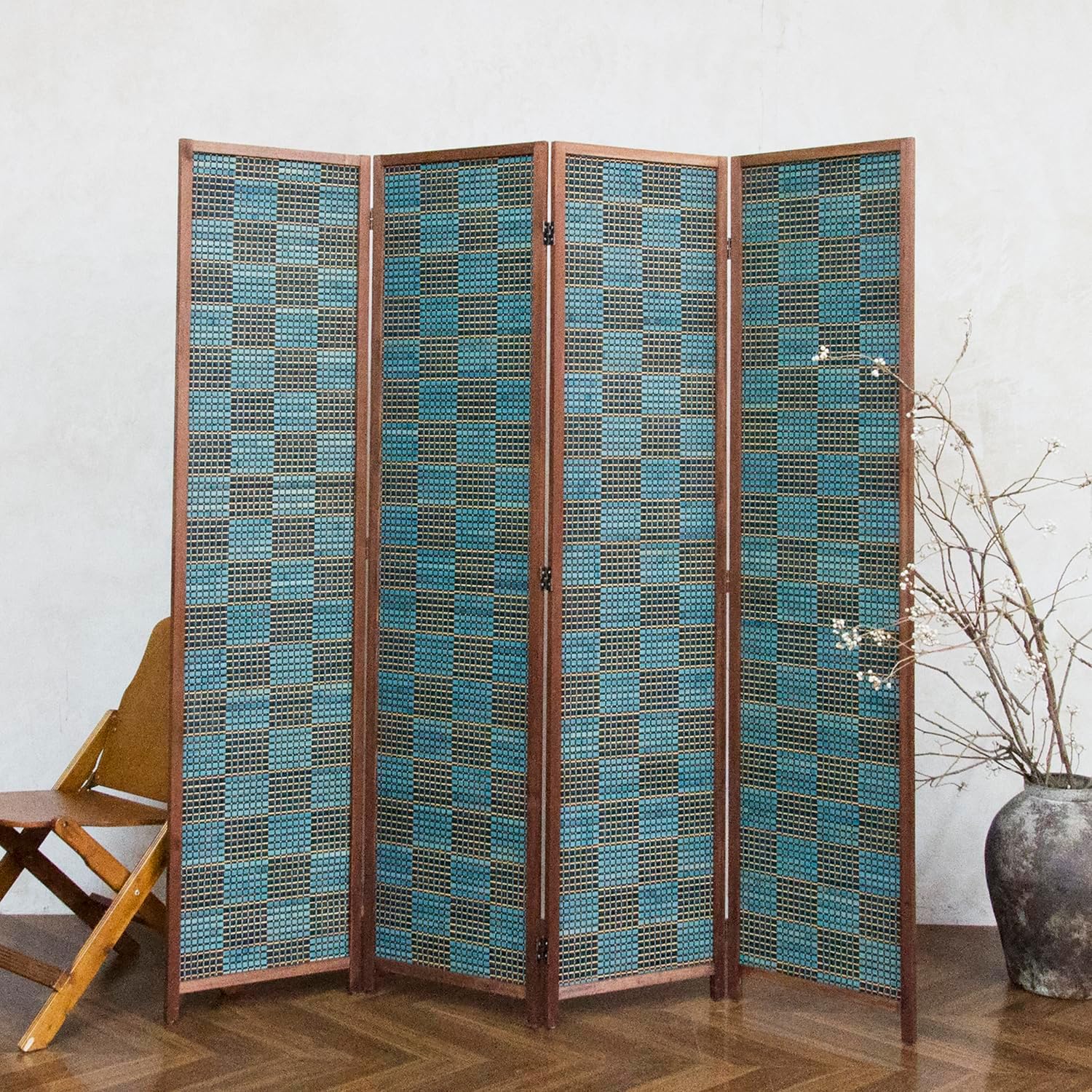 4 Panel Bamboo Room Divider, 5.6 ft Tall Double-Sided Folding Privacy Screen - Freestanding Partition Wall for Home Office, Modern Blue Checker Texture