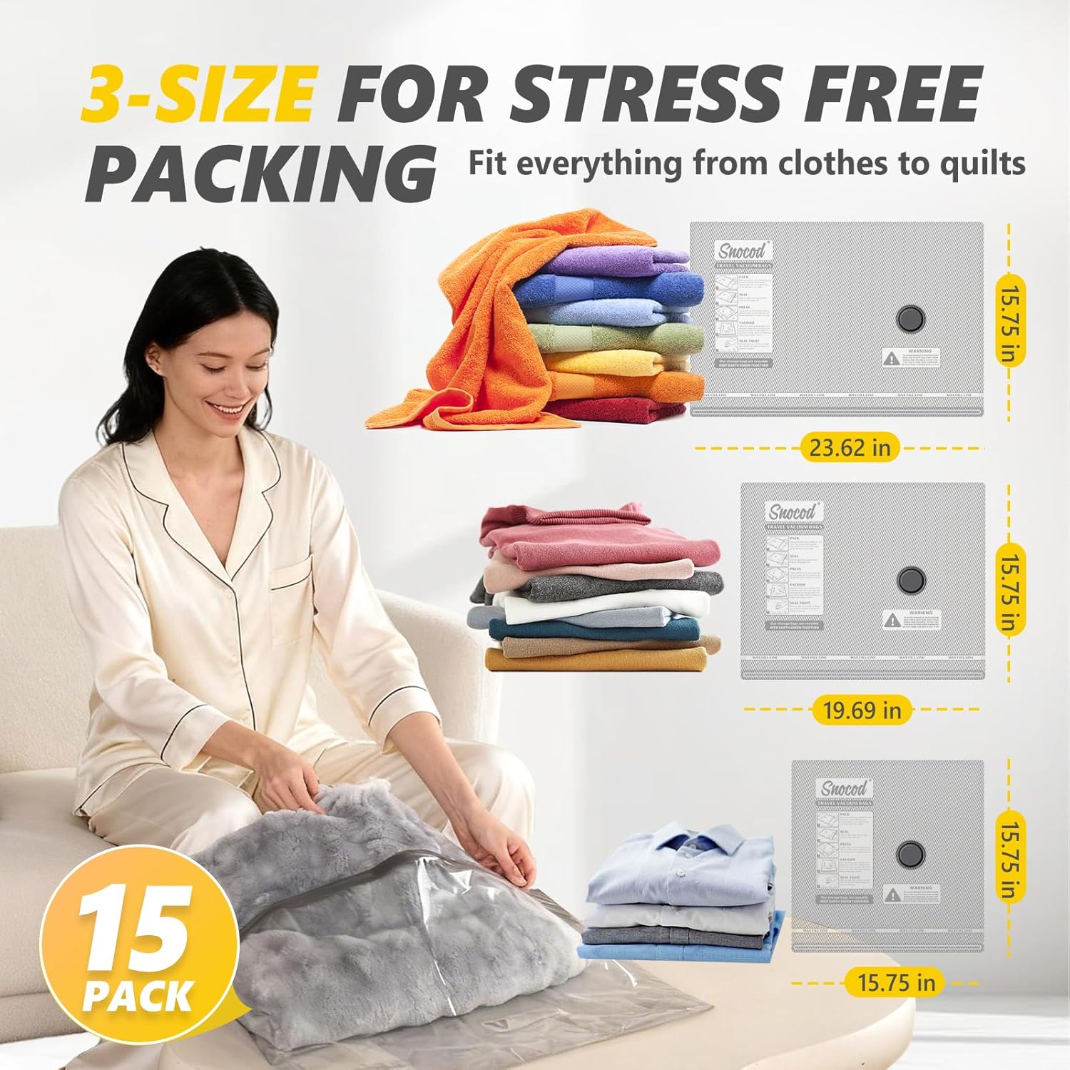 15 Pack Travel Vacuum Bags with Electric Pump, 70KPa Vacuum Storage Bags for Clothing, Reusable Space Saver Bags for Suitcase, Travel & Home Storage, Alpine White