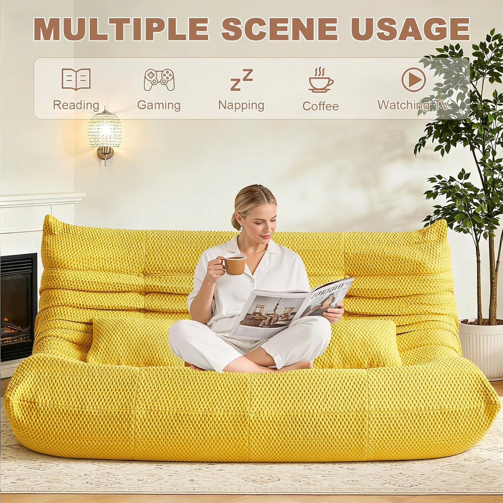Bean Bag Chair for Adults - Large Bean Bag with Three Pillows, Oversized Boneless Chair with High-Rebound Memory Foam, Lazy Floor Sofa for Reading, Living Room, Bedroom (3-Seater, Yellow)