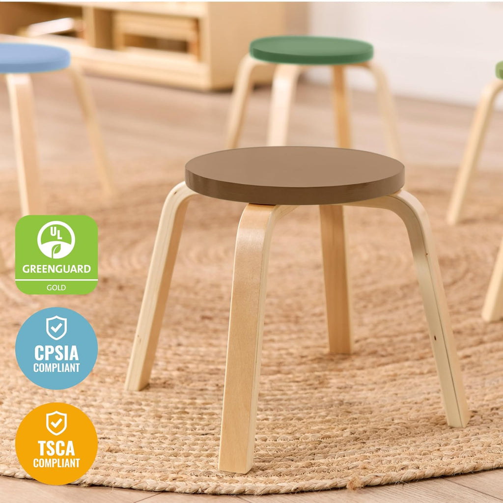 ECR4Kids Bentwood Stackable Stools, 12in Seat Height, Classroom Furniture, Earthtone, 6-Piece