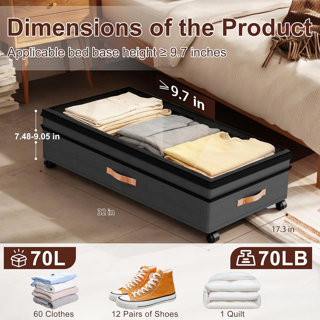 Under Bed Storage with Wheels, 2 Pack 70L Extra Large Rolling Underbed Organizer Bins with Lids, Heavy-Duty Foldable Container for Clothes, Shoes, Blankets, Fits 10“+ Clearance (Black)