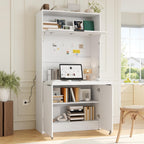 69''H Kitchen Pantry with Hutch and Foldable Workstation, Multifunctional Buffet Storage Cabinet Cupboard with Adjustable Shelf for Kitchen, Dining (White//6c)