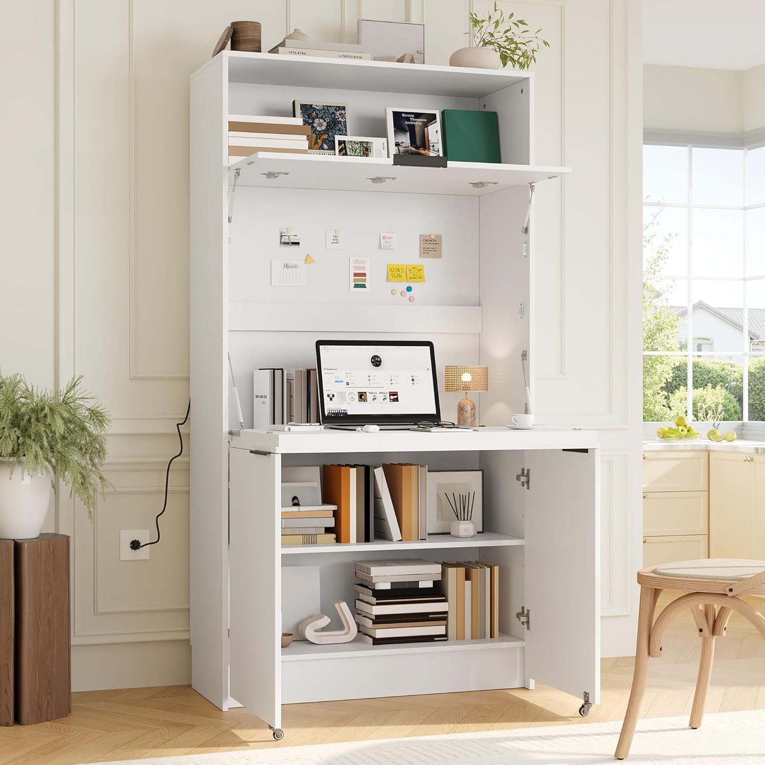 69''H Kitchen Pantry with Hutch and Foldable Workstation, Multifunctional Buffet Storage Cabinet Cupboard with Adjustable Shelf for Kitchen, Dining (White//6c)