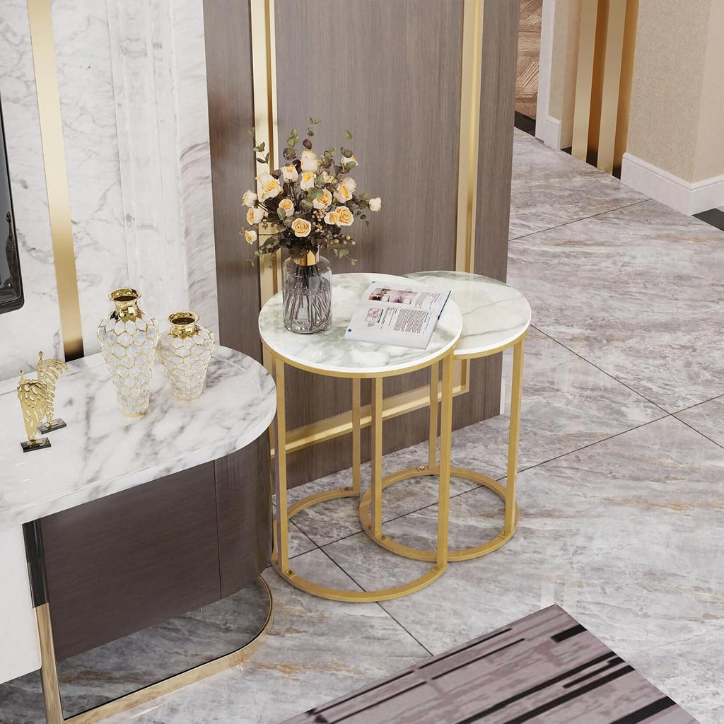 Set of 2 Modern Round Marble Metal Base Nesting Set Side Accent Table Living Room Storage Small End Table Coffee Table, Marble and Gold
