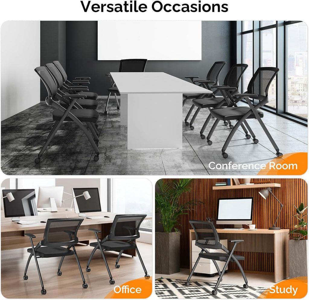 Stackable Folding Conference Chair with Wheels, Rebound Back & Padded Seat, 350 lbs Capacity, Black Office Guest Chair for Training Rooms, Reception, Events – 1 Pack