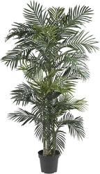 Nearly Natural 6.5ft Artificial Golden Cane Palm Tree, Lifelike Silk Indoor Palm With Three Textured Trunks Flexible Fronds Nursery Planter, Low Maintenance