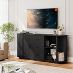 ONBRILL 63" Fluted Sideboard Buffet Cabinet with 3 Drawers & 2 Doors, Mid-Century Modern Buffet Sideboard Cabinet with Storage, Coffee Bar Table with Adjustable Shelf for Kitchen, Living Room, Black
